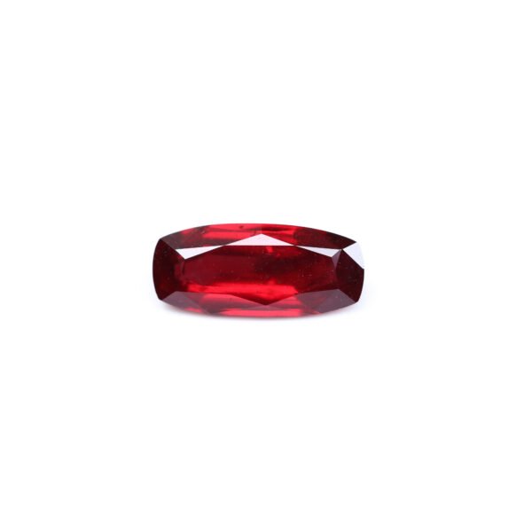 "1.57 carat natural unheated Mozambique ruby, Pigeon Blood Red color, VS clarity, elongated long cushion cut."