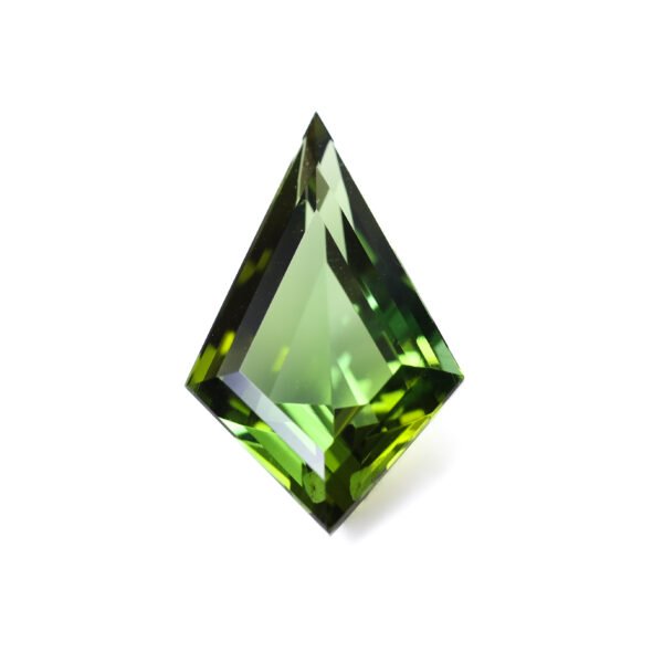 "12.49 carat natural unheated yellowish green tourmaline, Internally Flawless (IF) clarity, unique kite cut from Mozambique."