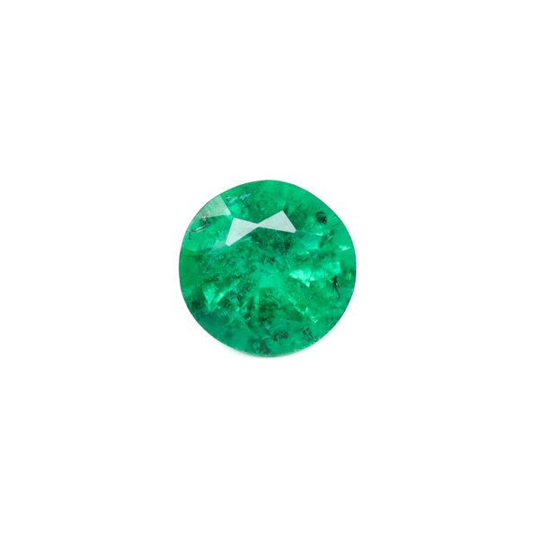 "0.88 carat natural Zambian emerald, vibrant green color, round brilliant cut, 6.4mm diameter."
