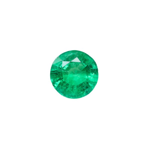 "0.77 carat natural Zambian emerald, vibrant green color, round brilliant cut, 6mm diameter."