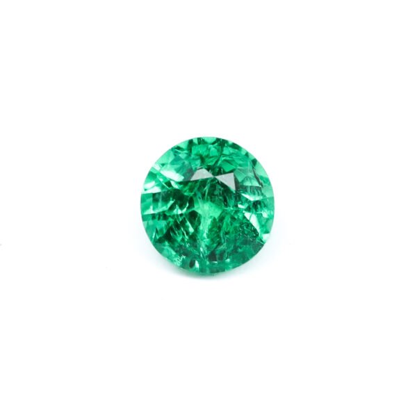 "1.71 carat natural Zambian emerald, vibrant green color, large round brilliant cut, 7.8mm diameter."