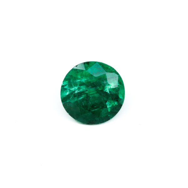 "1.04 carat natural Zambian emerald, vibrant green color, round brilliant cut, 6.8mm diameter."