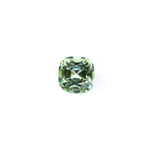"6.41 carat natural unheated Afghan tourmaline from Perfect Shine Gems, mint green color, IF Flawless cushion cut."